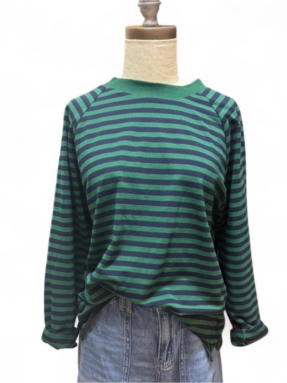 Navy & green striped crew neck long sleeve  cotton stretch shirt Sz Large